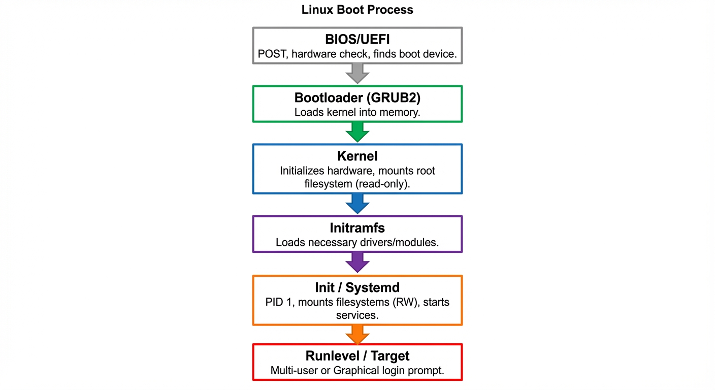 A vertical flowchart diagram depicting the Linux Boot Process from power-on to user login. The chart...