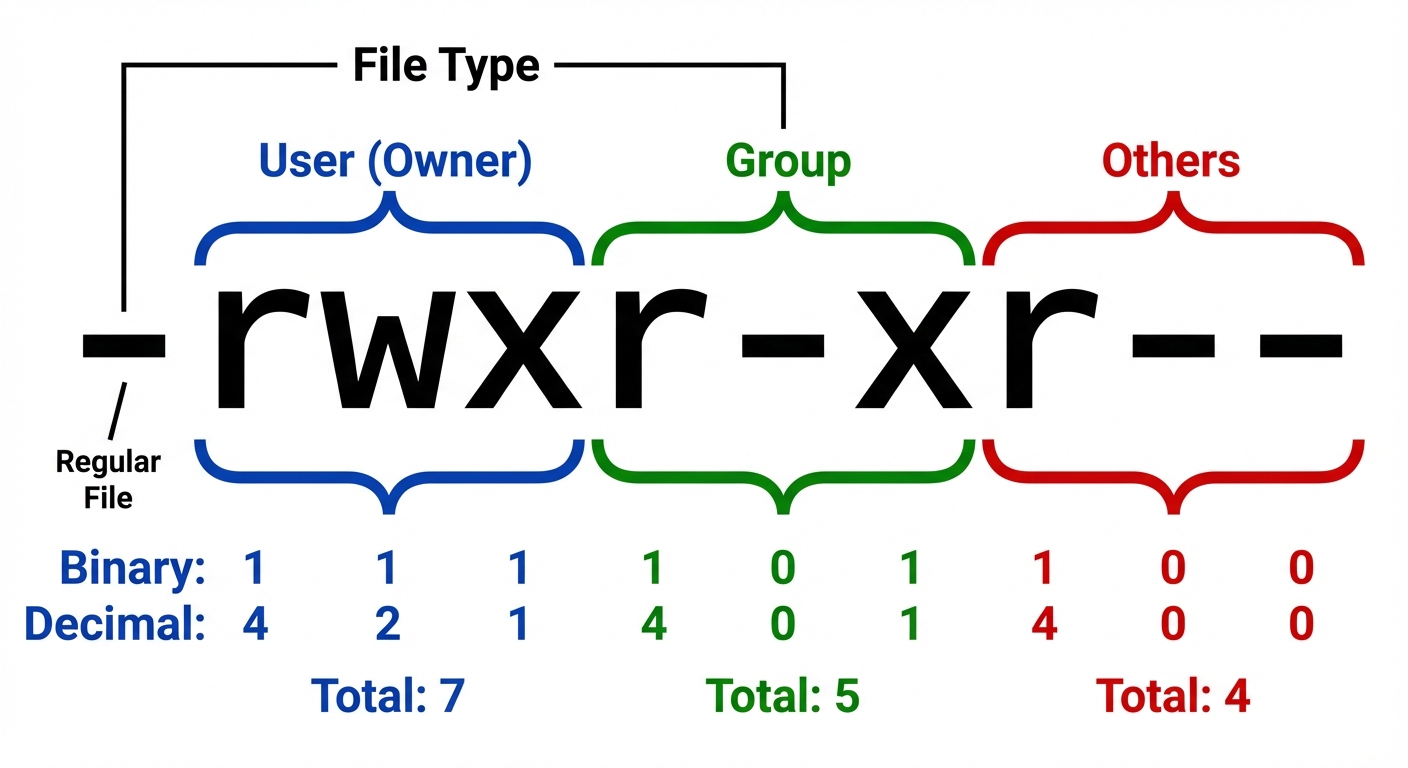 A diagram breaking down the Linux permission string "-rwxr-xr--". The diagram should show the string...