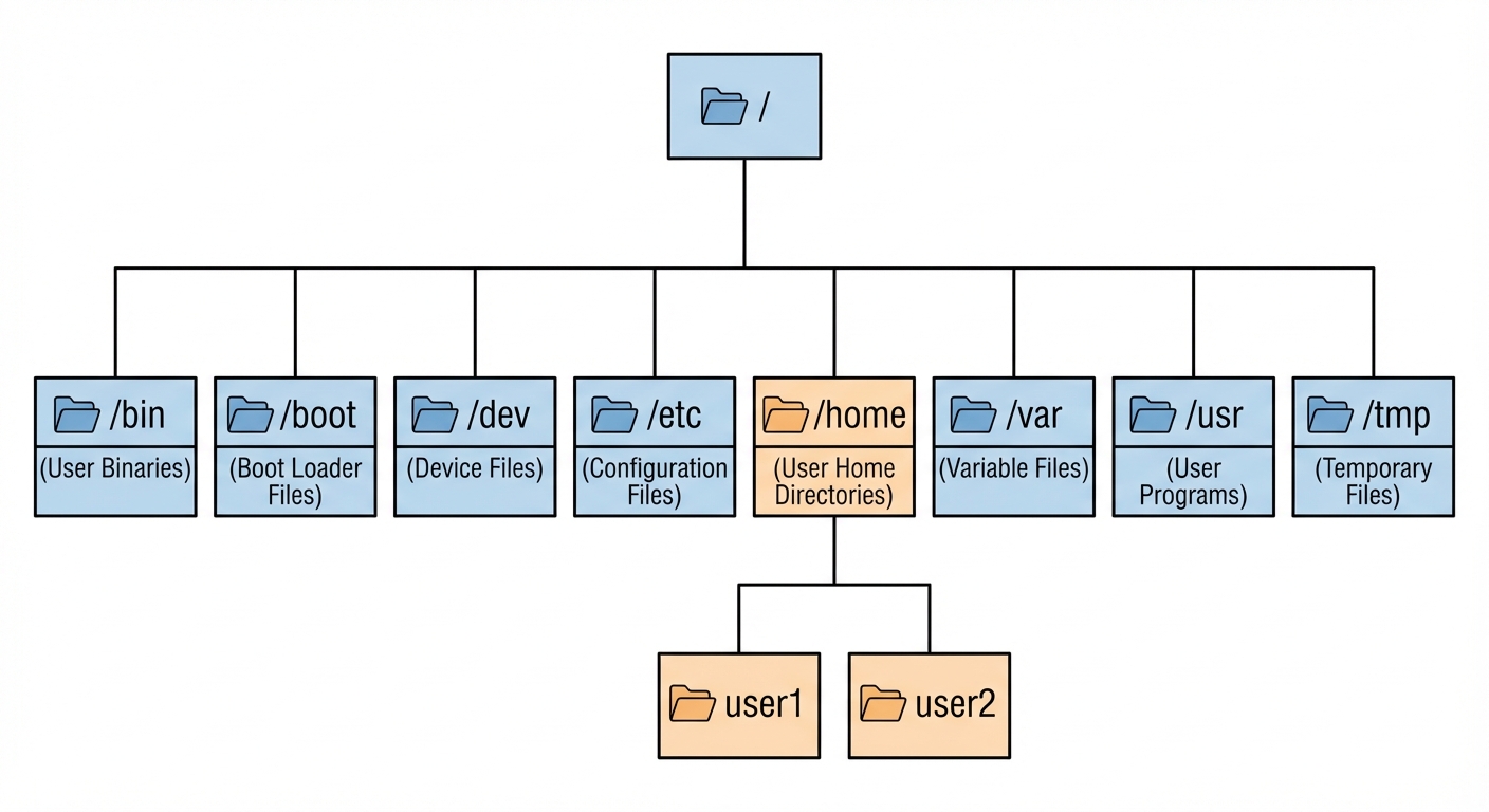 An inverted tree structure diagram illustrating the Filesystem Hierarchy Standard (FHS). The top nod...