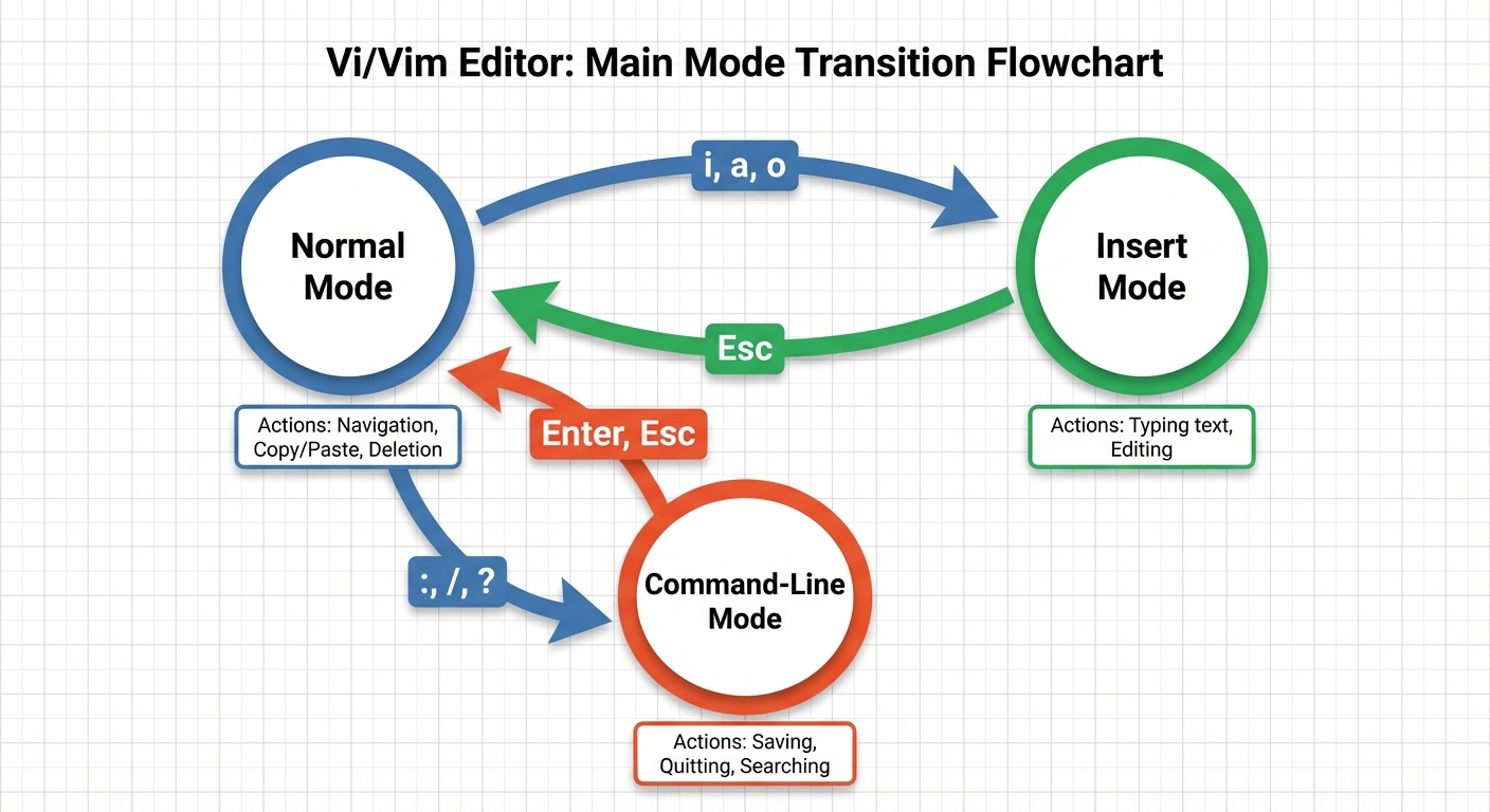 A state transition flowchart diagram showing the three main modes of the Vi/Vim editor. The three ma...