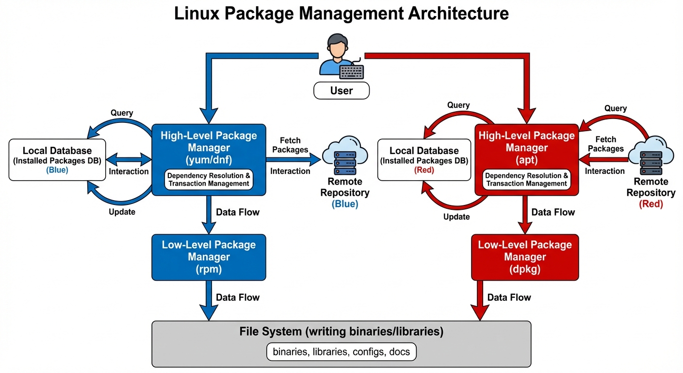 A detailed conceptual diagram illustrating the Linux Package Management architecture. The diagram sh...