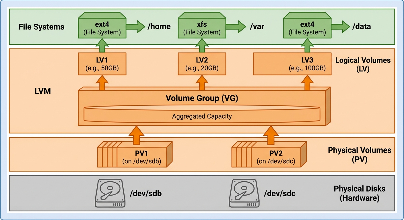 A layered block diagram illustrating LVM (Logical Volume Manager) architecture. The bottom layer sho...