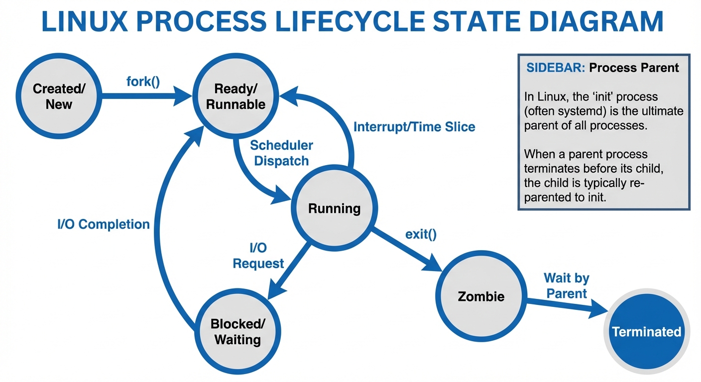 A detailed state diagram illustrating the Linux Process Lifecycle. The diagram should feature circul...