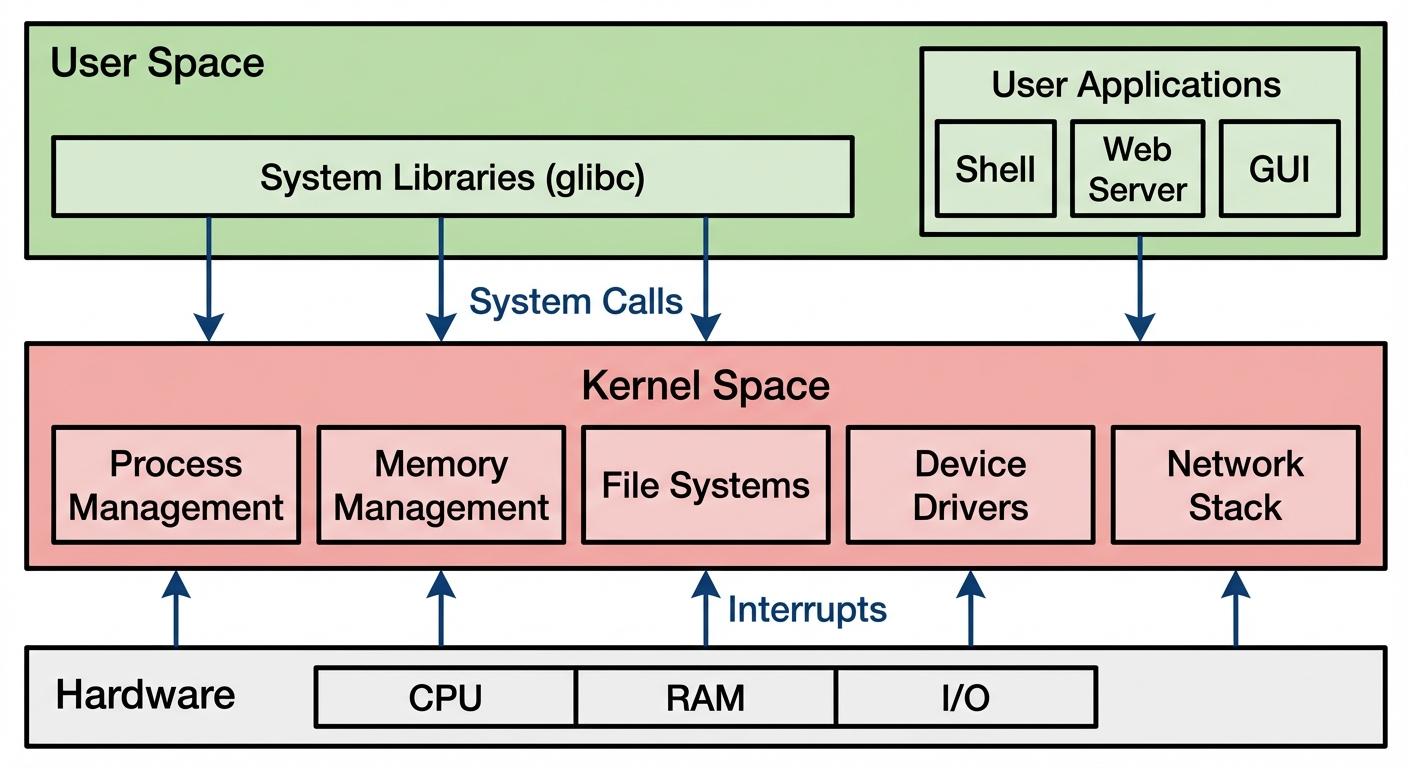 A layered block diagram of the Linux Kernel Architecture. The bottom layer is a wide block labeled "...