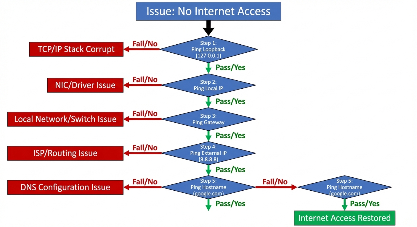 A logical decision-tree/flowchart for Network Troubleshooting. Start at the top with "Issue: No Inte...