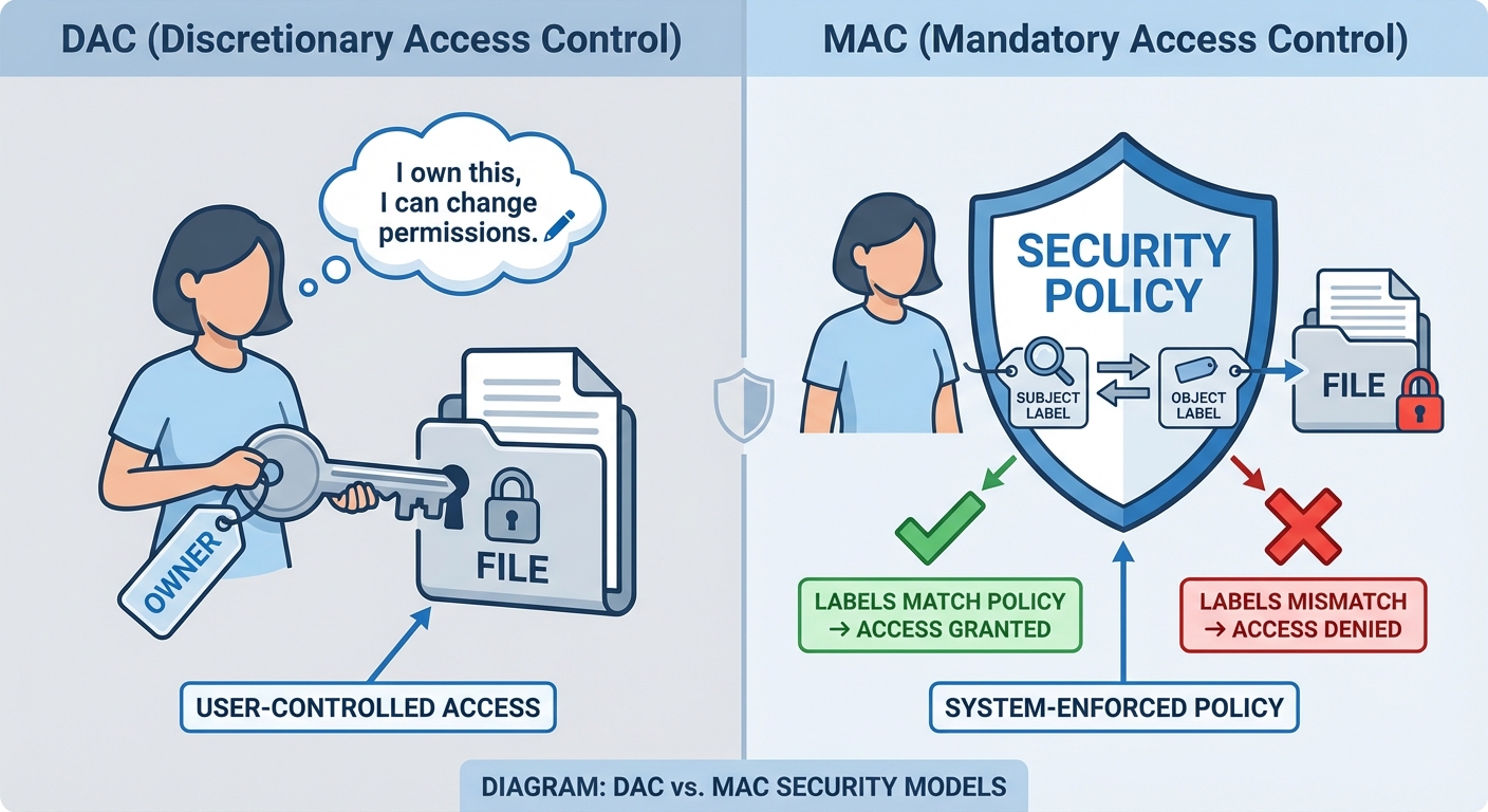 A split-screen comparison diagram illustrating DAC vs. MAC security models. The Left side labeled "D...