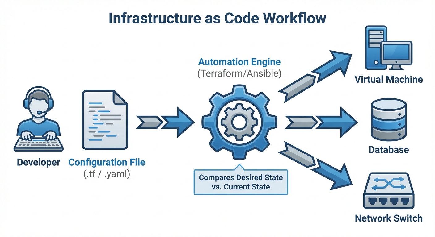 A conceptual diagram illustrating the "Infrastructure as Code Workflow". On the left, show a develop...