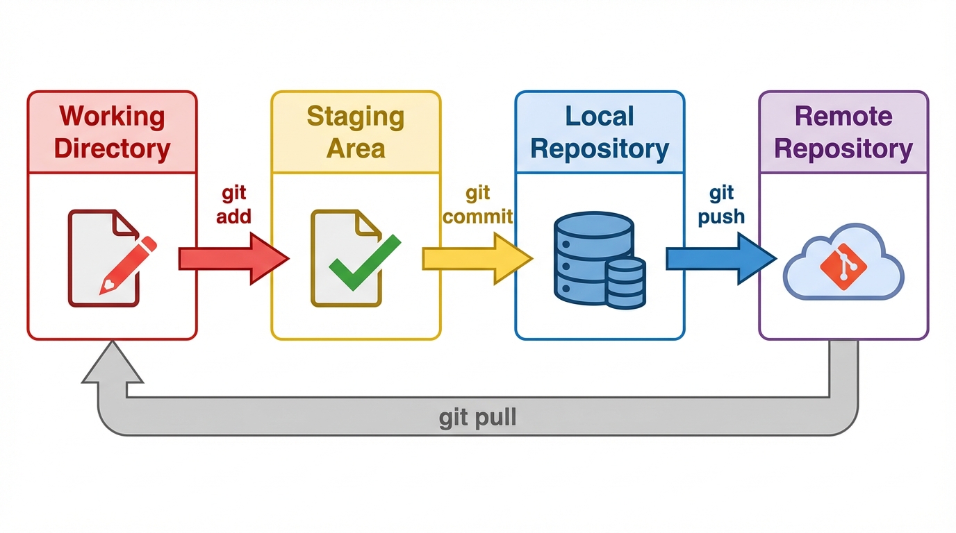 A detailed horizontal flow diagram showing the "Git Lifecycle". Four rectangular containers arranged...