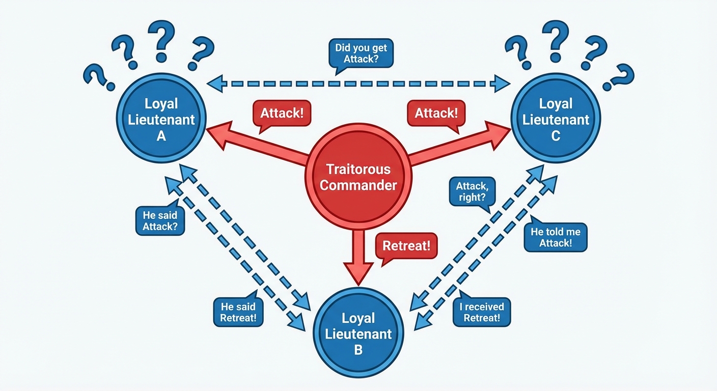 A schematic diagram illustrating the Byzantine Generals Problem. In the center, place a node labeled...