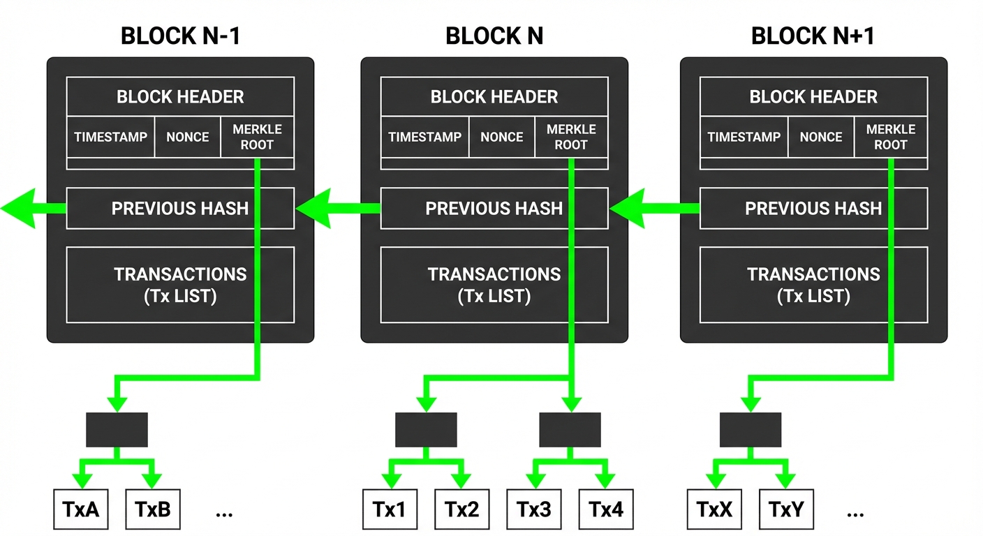 A detailed block diagram showing the structure of a Blockchain. Display three sequential blocks: Blo...