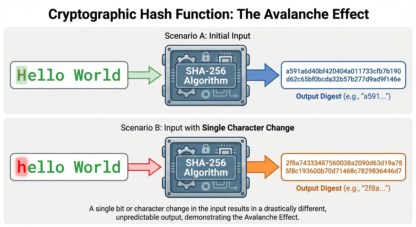 A visualization of the Cryptographic Hash Function 'Avalanche Effect'. Top section: Input string "He...
