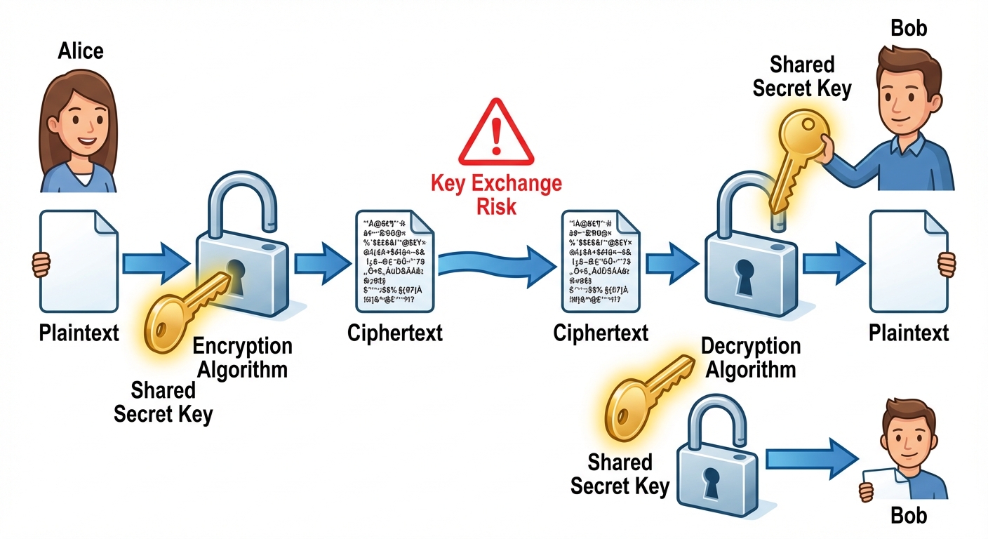 A diagram illustrating Symmetric Key Cryptography workflow. On the left, a user 'Alice' holds a docu...