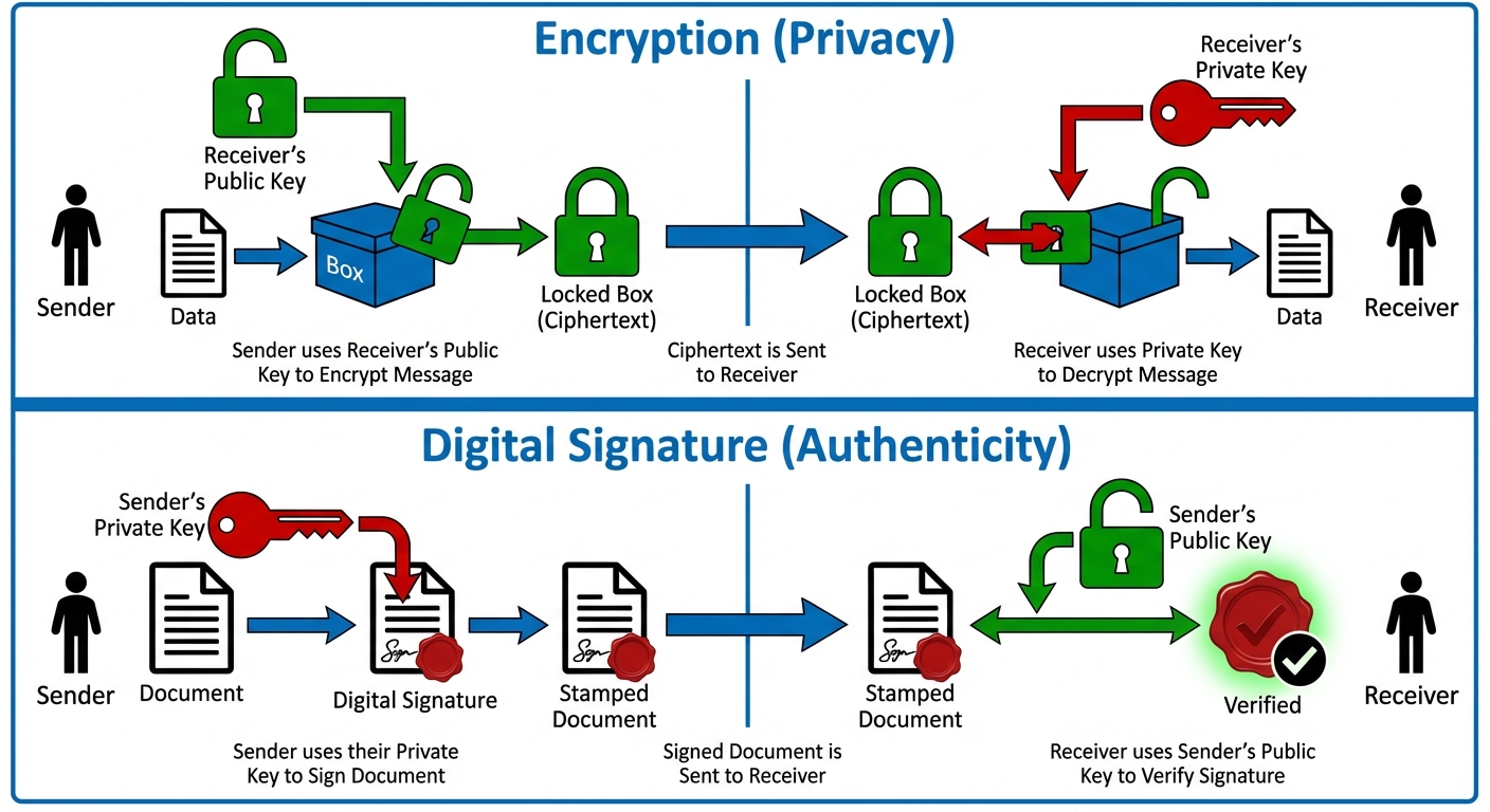 A split-screen comparison diagram showing Asymmetric Cryptography workflows. Top half labeled 'Encry...