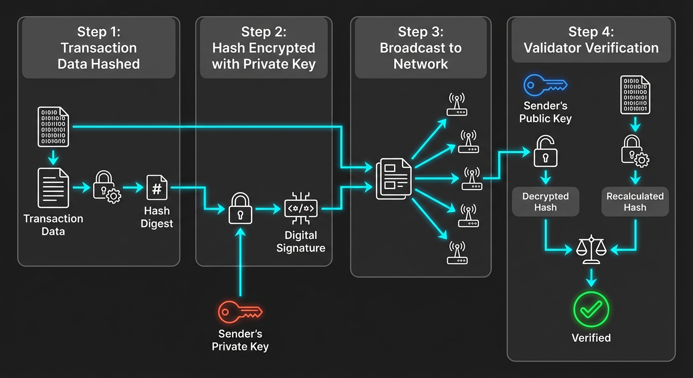 A step-by-step flowchart showing how a Blockchain Transaction is secured. Step 1: 'Transaction Data'...