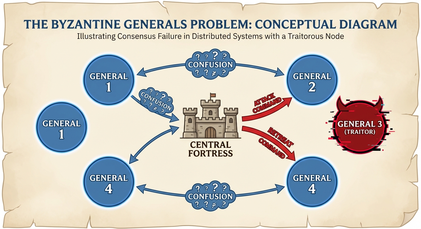 A detailed conceptual diagram illustrating the Byzantine Generals Problem. The diagram should show a...