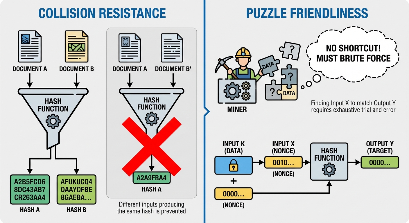 A diagram comparing "Collision Resistance" and "Puzzle Friendliness". The left side titled "Collisio...