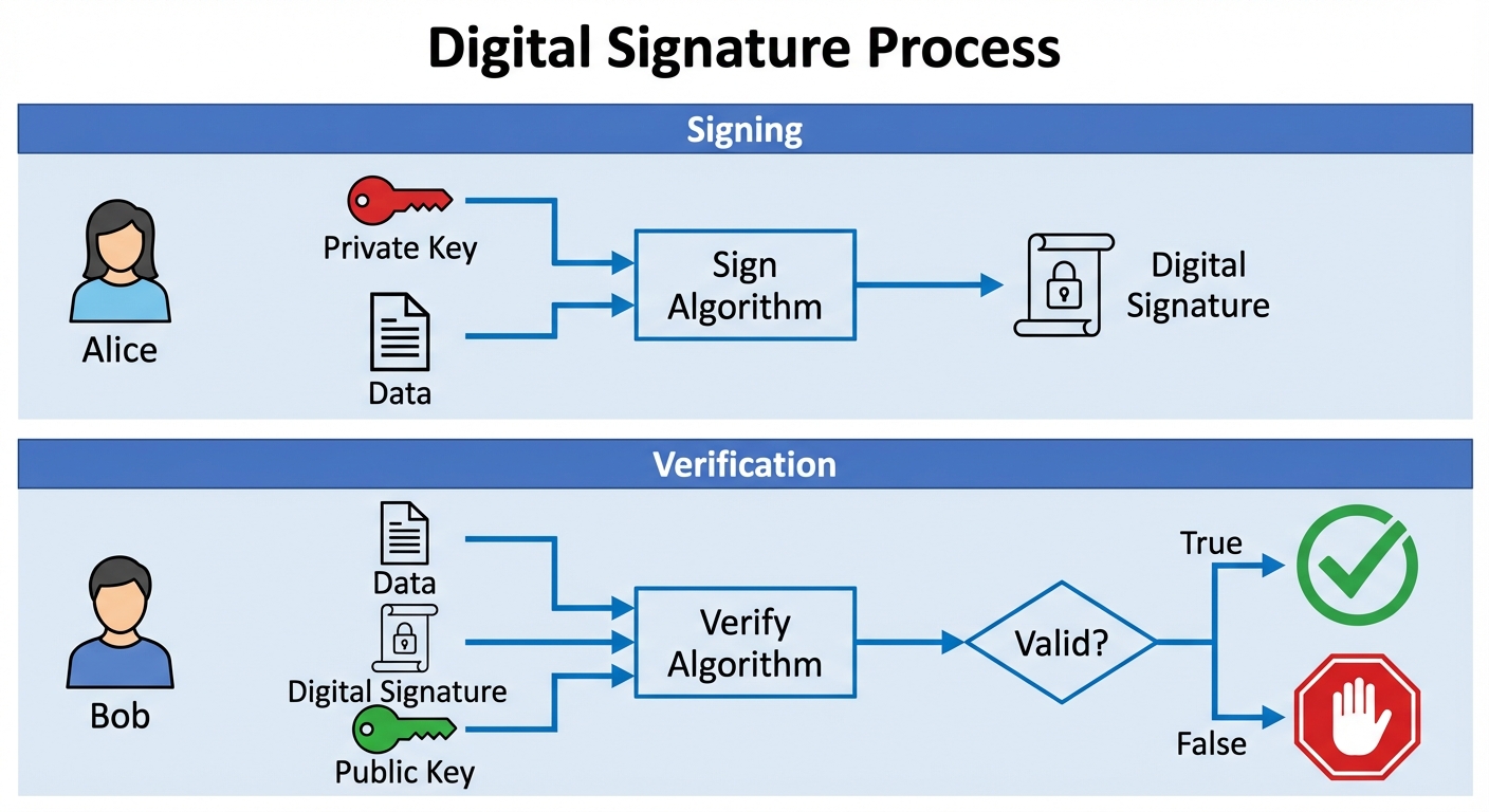 A flowchart illustrating the Digital Signature process. Top half labeled "Signing": Shows "Alice" wi...