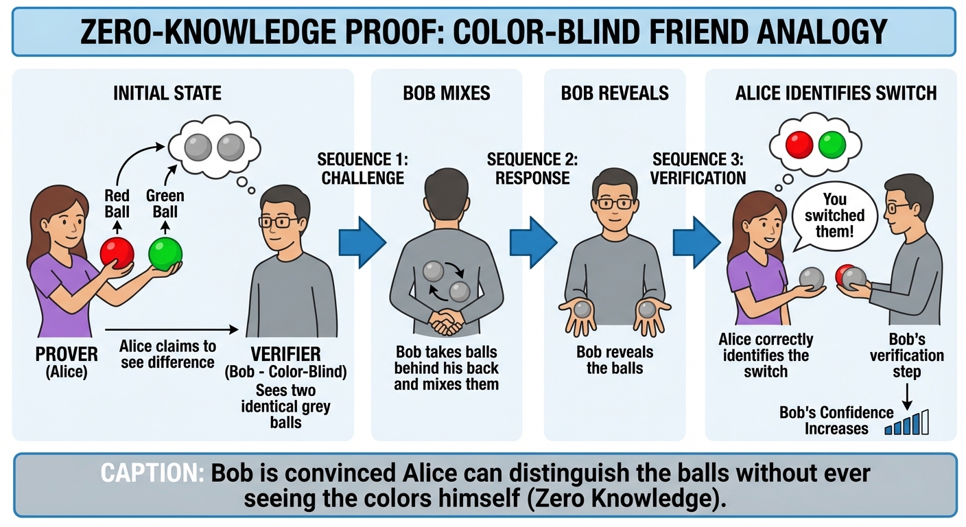 A conceptual illustration of a Zero-Knowledge Proof using the "Color-Blind Friend" analogy. The imag...