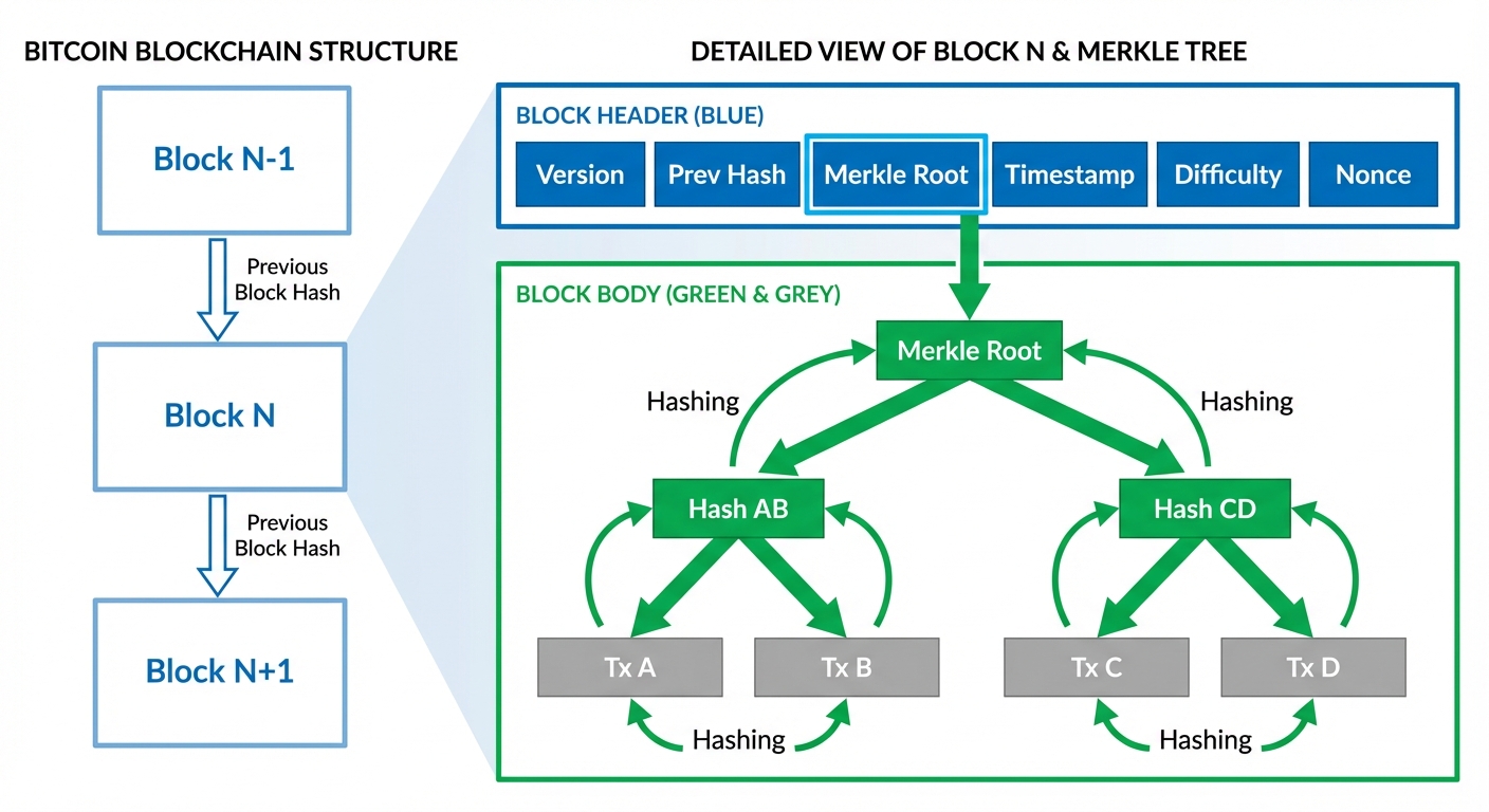 A detailed technical diagram illustrating the structure of the Bitcoin Blockchain and the Merkle Tre...