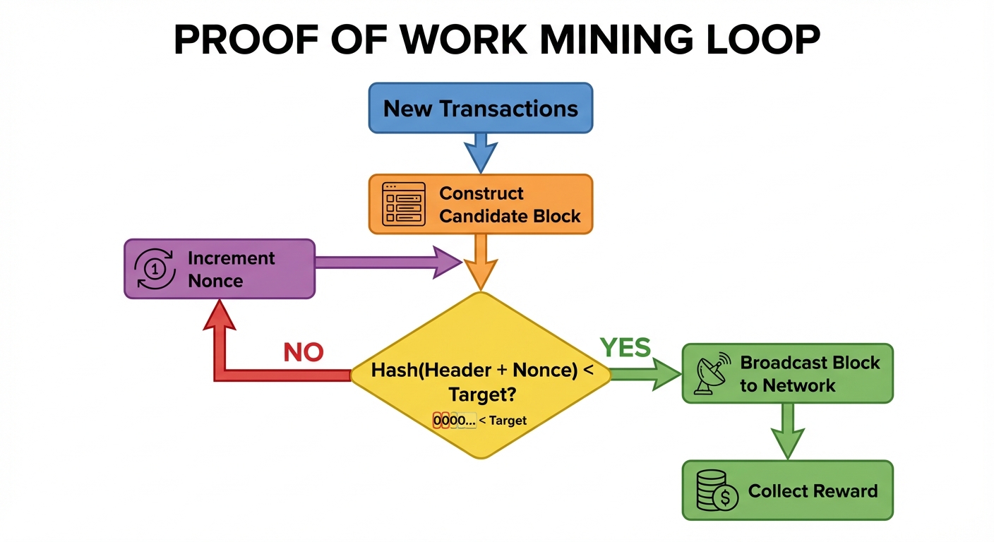 A logic flowchart diagram visualizing the Proof of Work mining loop. The flow starts at the top with...