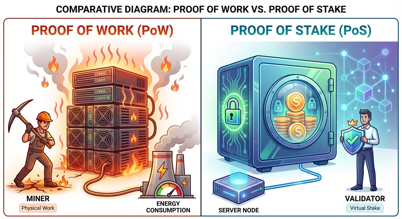 A comparative split-panel diagram contrasting Proof of Work vs. Proof of Stake. The Left Panel (PoW)...