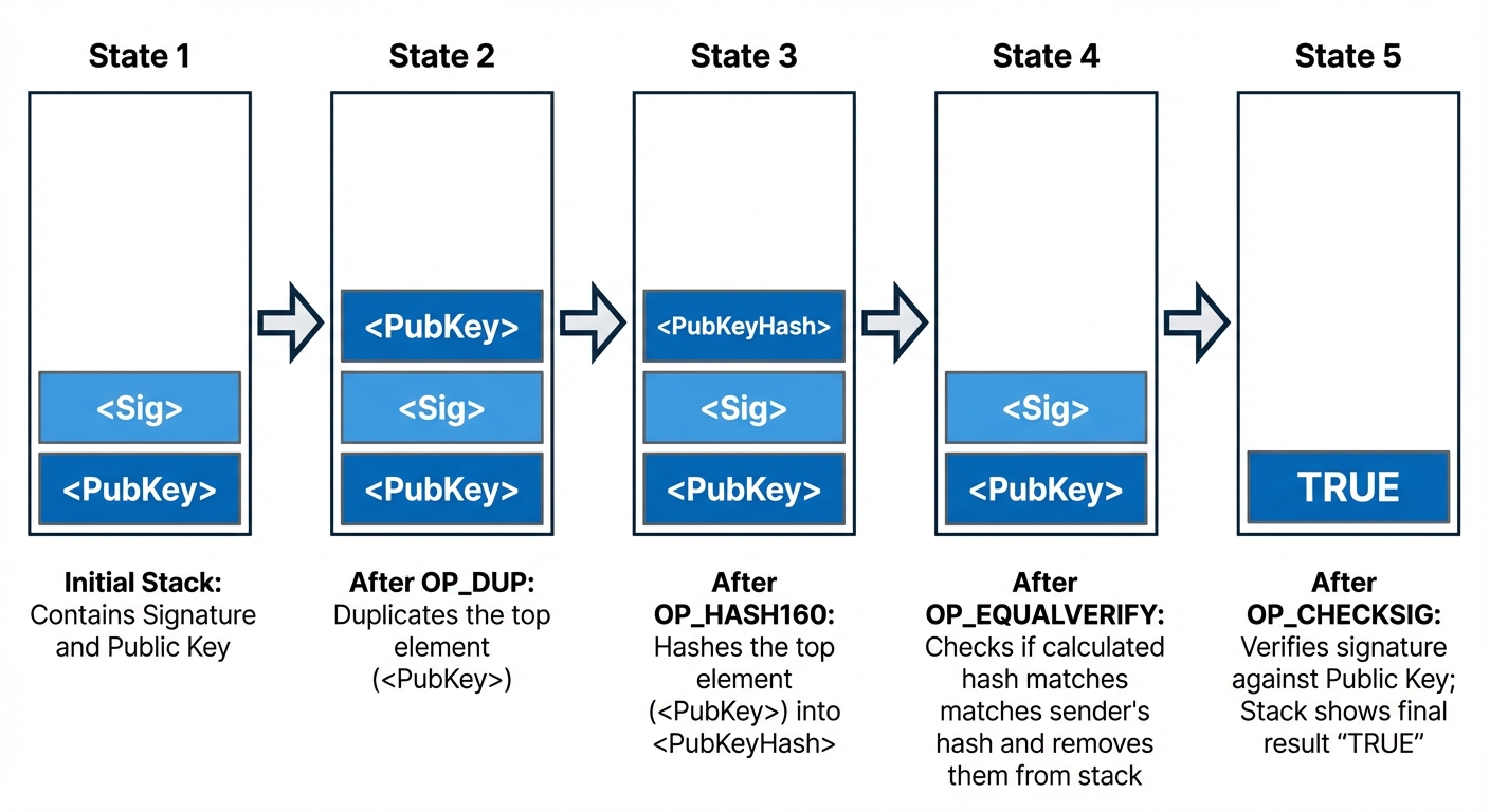 A step-by-step stack visualization diagram for executing a Bitcoin P2PKH script. The diagram should ...