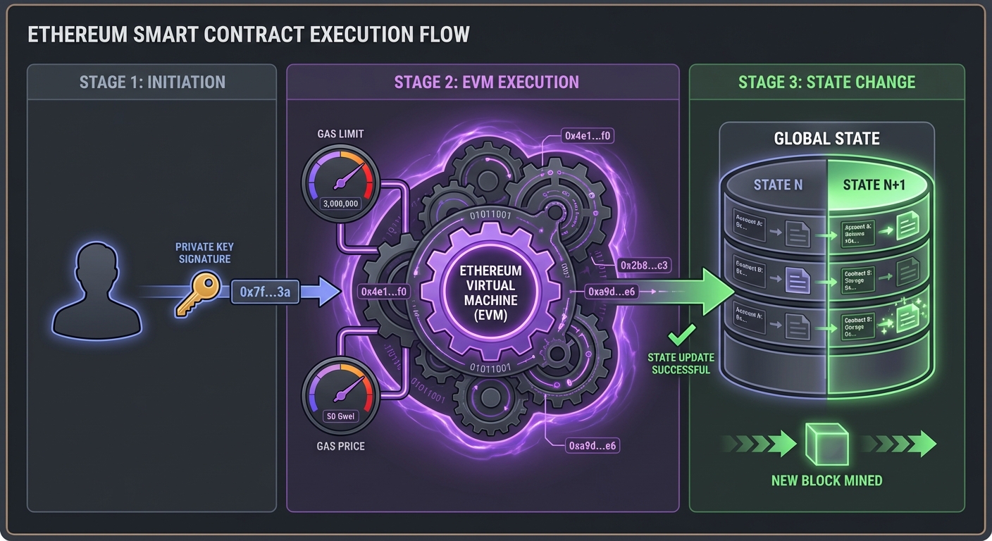 A detailed conceptual architectural diagram showing the execution flow of an Ethereum Smart Contract...