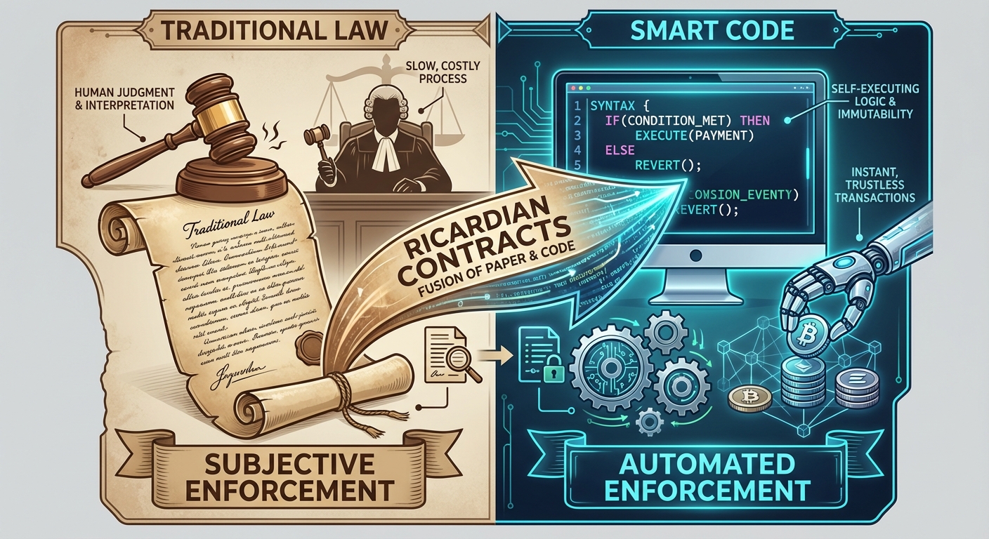 A split-screen comparison infographic visualizing "Traditional Law vs. Smart Code". The left side fe...