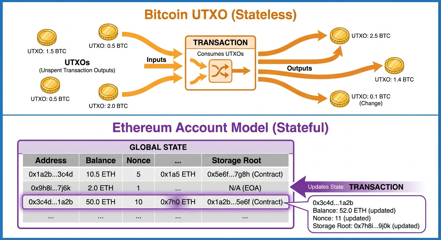 A detailed technical diagram contrasting the Bitcoin UTXO model with the Ethereum Account model. The...