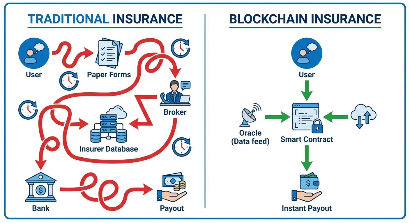 A comparative diagram split into two sides titled "Traditional Insurance" vs "Blockchain Insurance"....