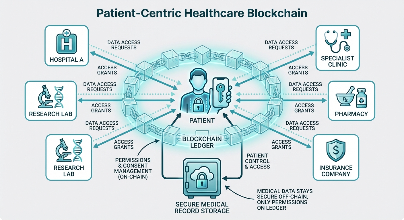 A network diagram illustrating a Patient-Centric Healthcare Blockchain. In the center, place a "Pati...