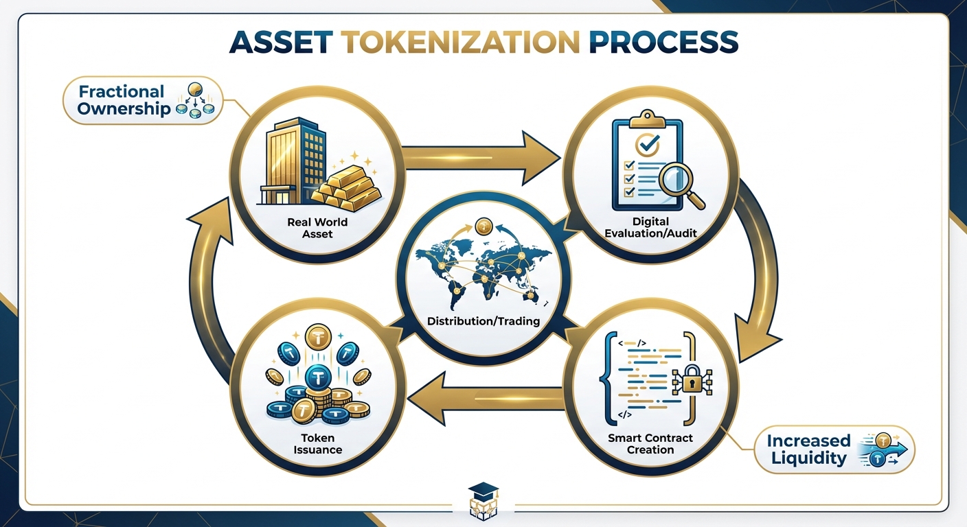 A step-by-step cycle diagram titled "Asset Tokenization Process". Step 1: "Real World Asset" showing...