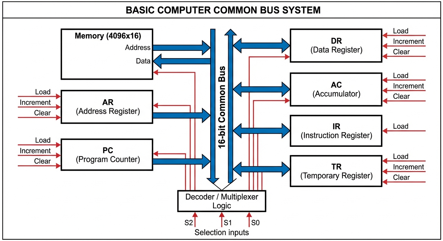 A detailed block diagram of the Common Bus System for a basic computer. The diagram should show a ce...