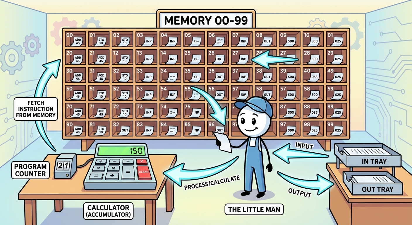 An infographic style diagram of the Little Man Computer (LMC) model. Visual elements needed: A room ...