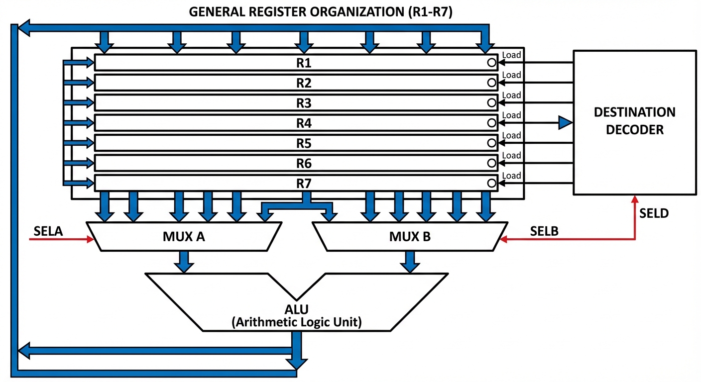 A detailed block diagram of a General Register Organization within a CPU. The diagram should feature...
