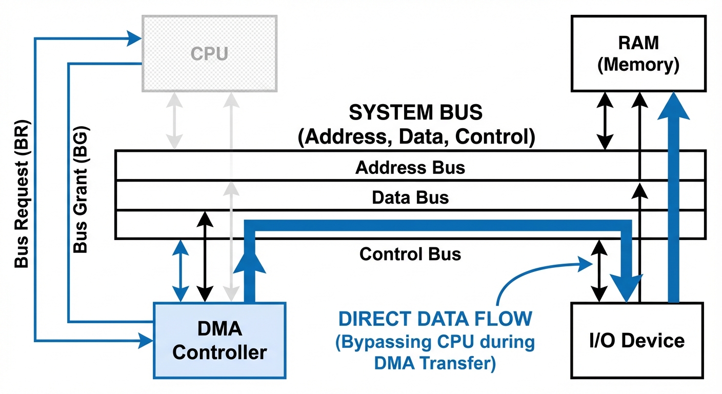 A system architecture block diagram showing Direct Memory Access (DMA). The diagram must show a cent...