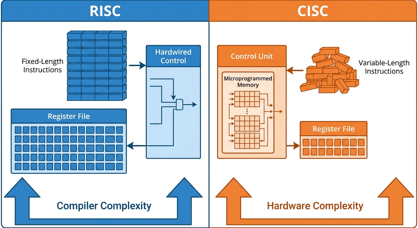 A conceptual infographic comparing RISC and CISC architectures. The image should be divided down the...