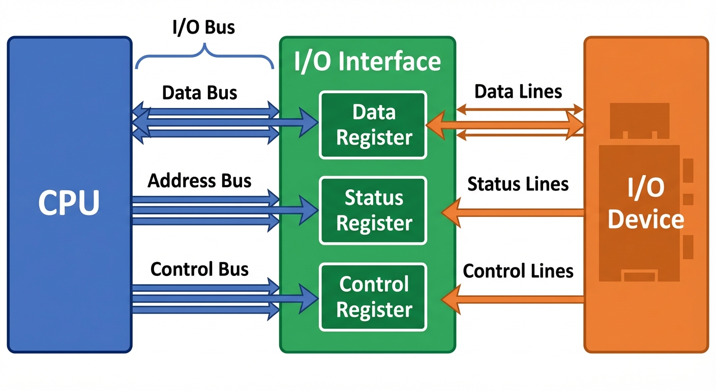 A block diagram illustrating the Input-Output Interface connection. On the left, a large block label...