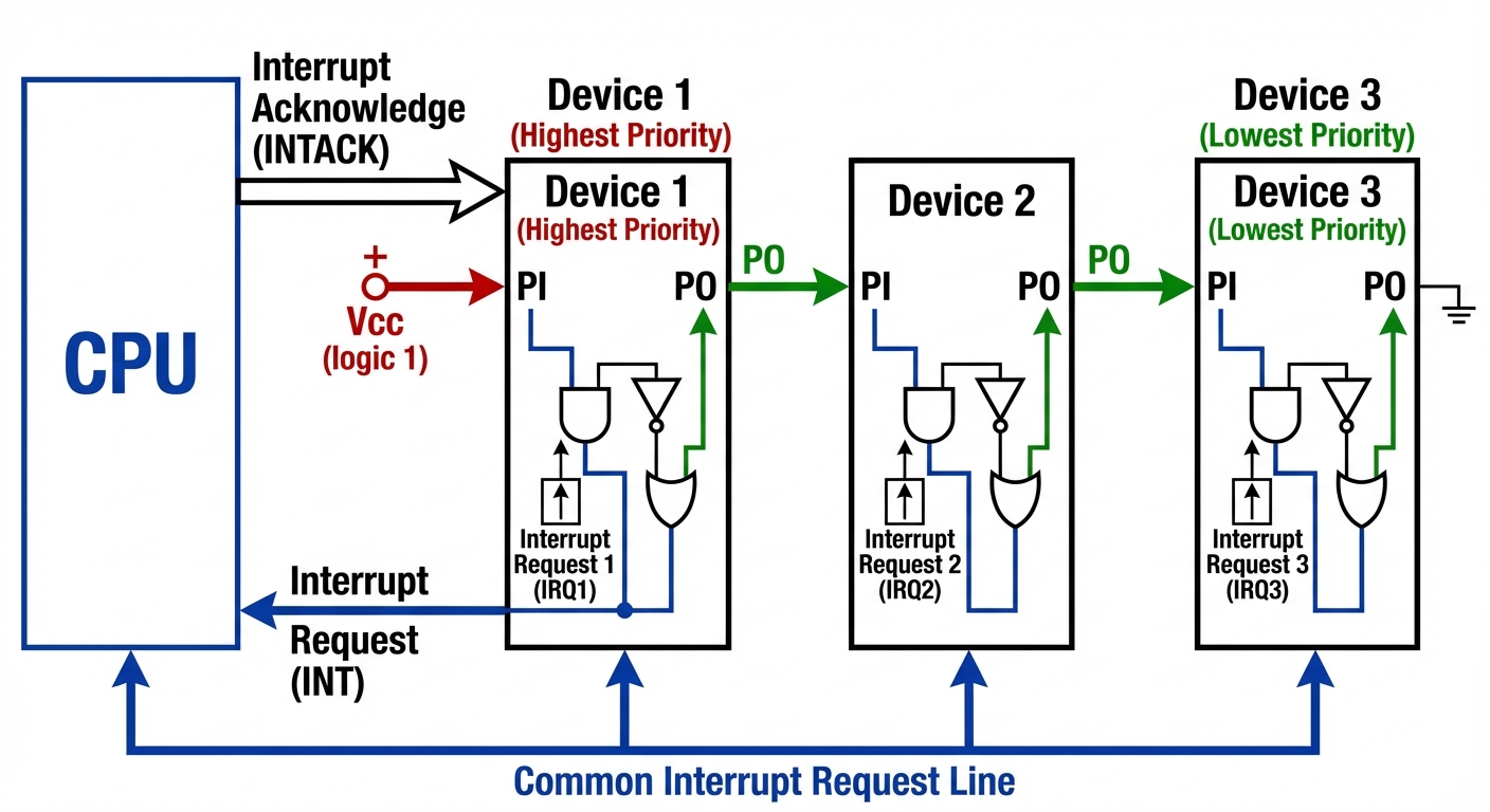 A detailed logic diagram showing the Daisy Chain Priority Interrupt system. Show a "CPU" block on th...
