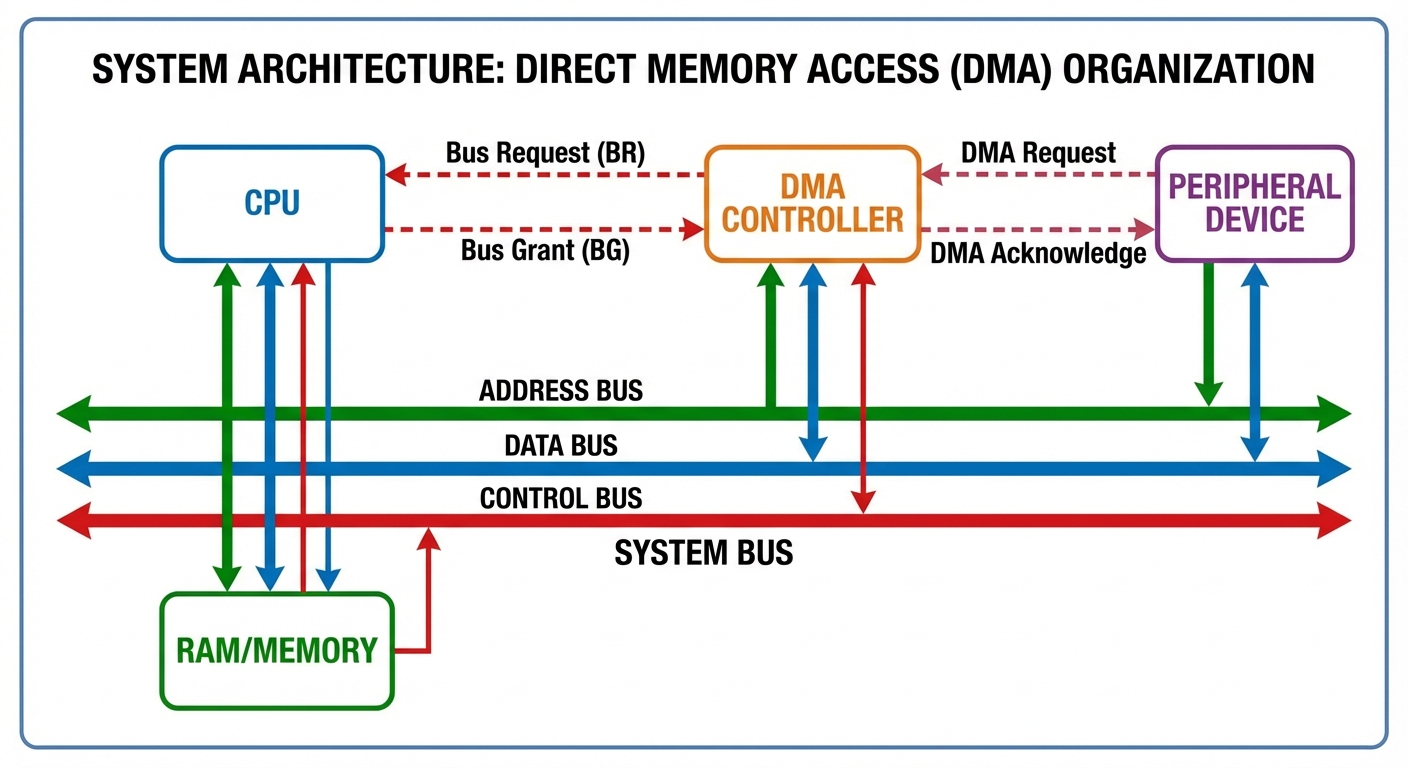 A system architecture diagram representing Direct Memory Access (DMA) organization. Central componen...