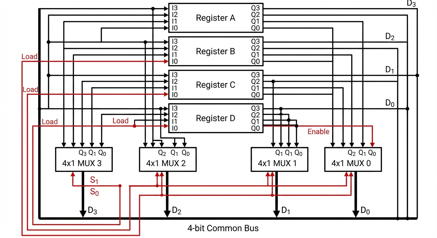 A block diagram showing a 4-bit Common Bus System using Multiplexers. The diagram should show four 4...