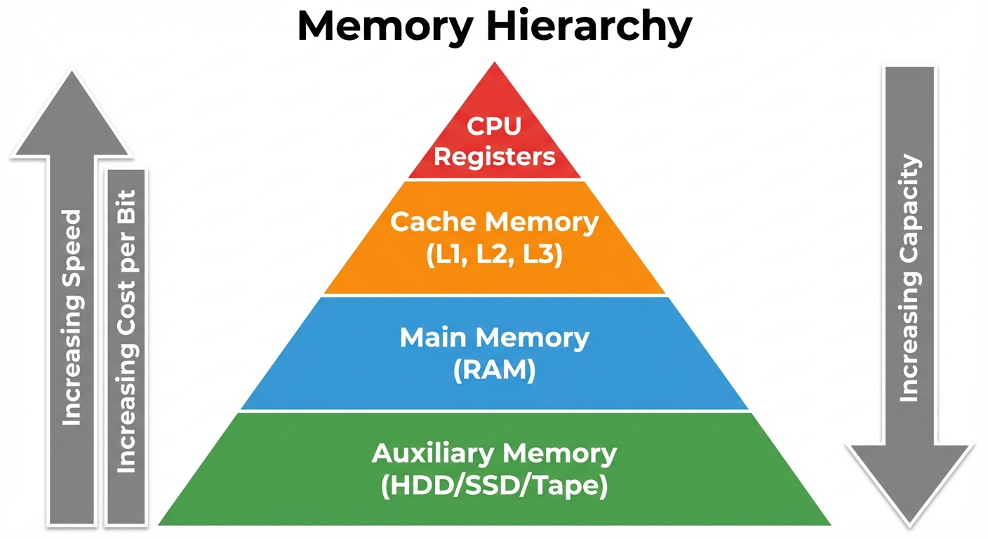 A detailed 4-level pyramid diagram illustrating the Memory Hierarchy. The pyramid should be divided ...