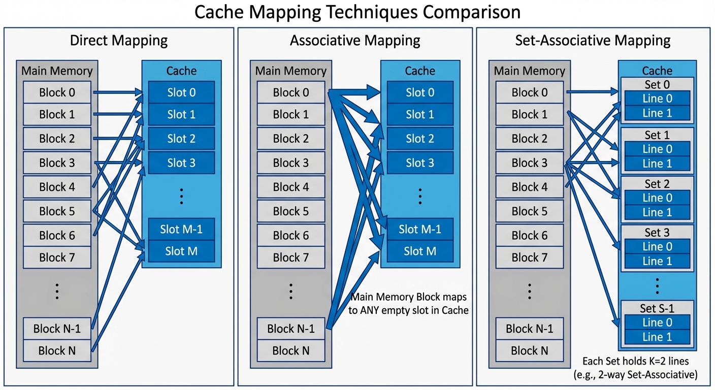 A technical block diagram comparing Cache Mapping Techniques. The image should be divided into three...