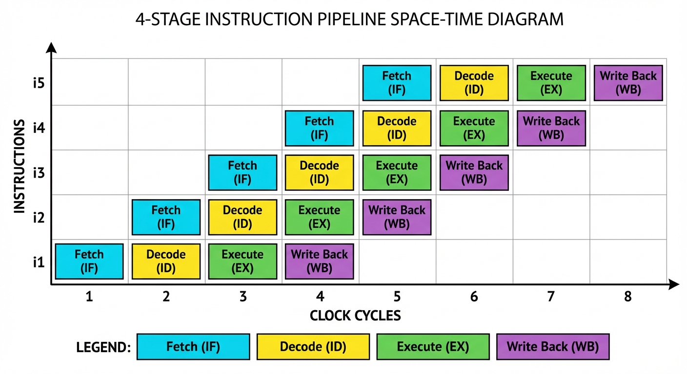A space-time diagram (staircase chart) visualizing a 4-stage Instruction Pipeline. The x-axis repres...