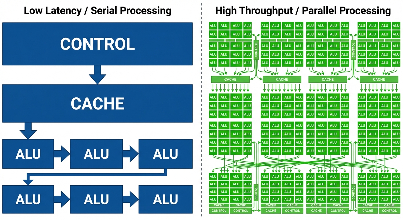 A detailed block diagram comparing CPU and GPU internal architectures side-by-side. The Left side (C...