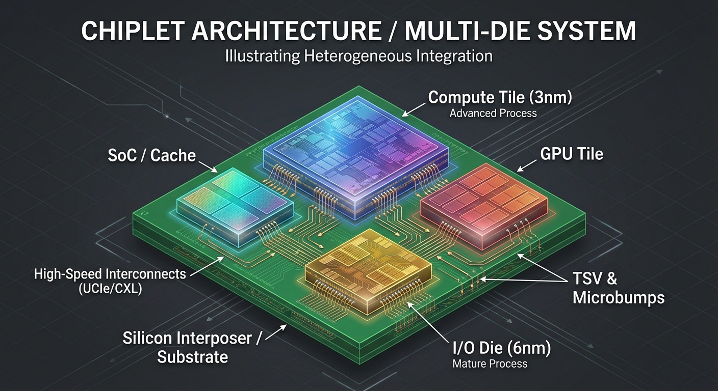 A diagram illustrating the concept of "Chiplet Architecture" or "Multi-Die System". The image should...