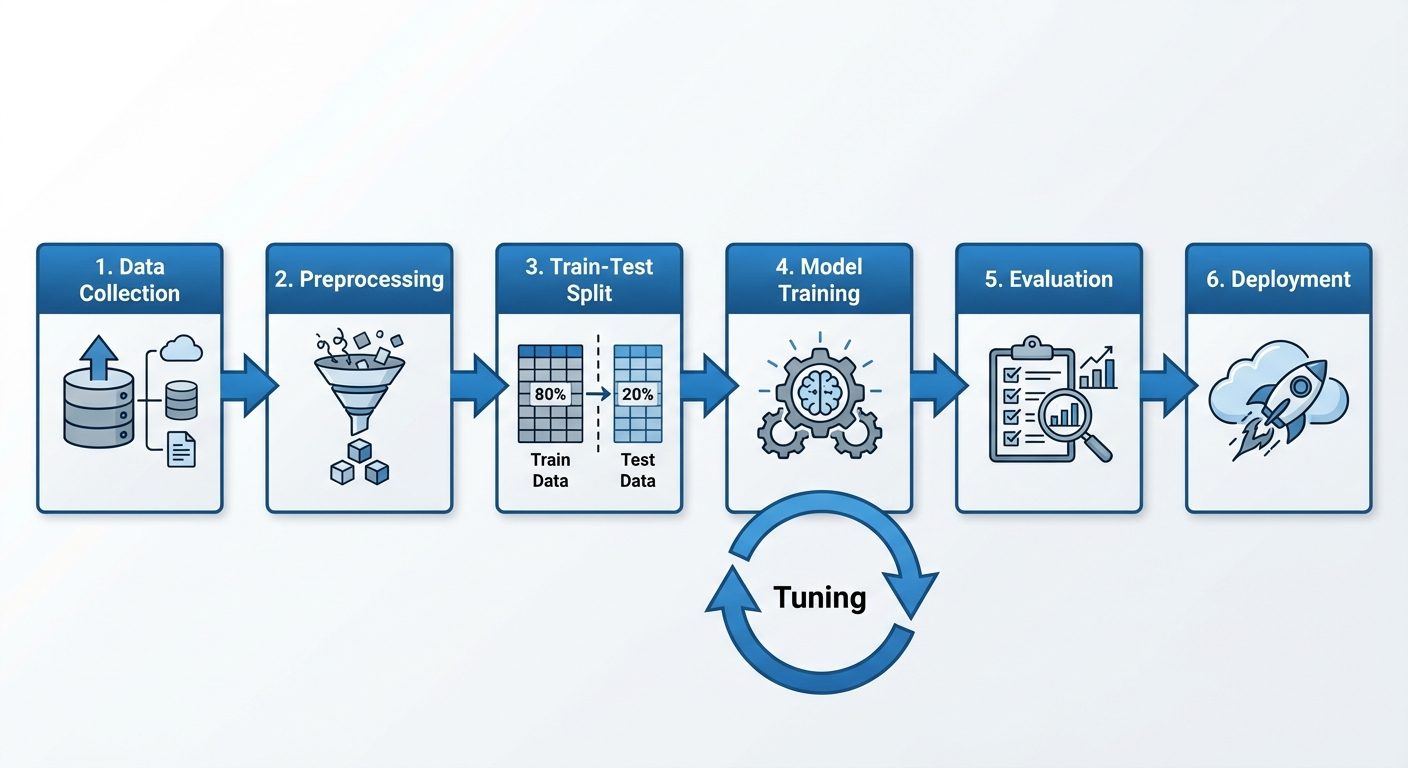 A horizontal linear process flow diagram showing the Machine Learning Pipeline. Rectangular boxes co...