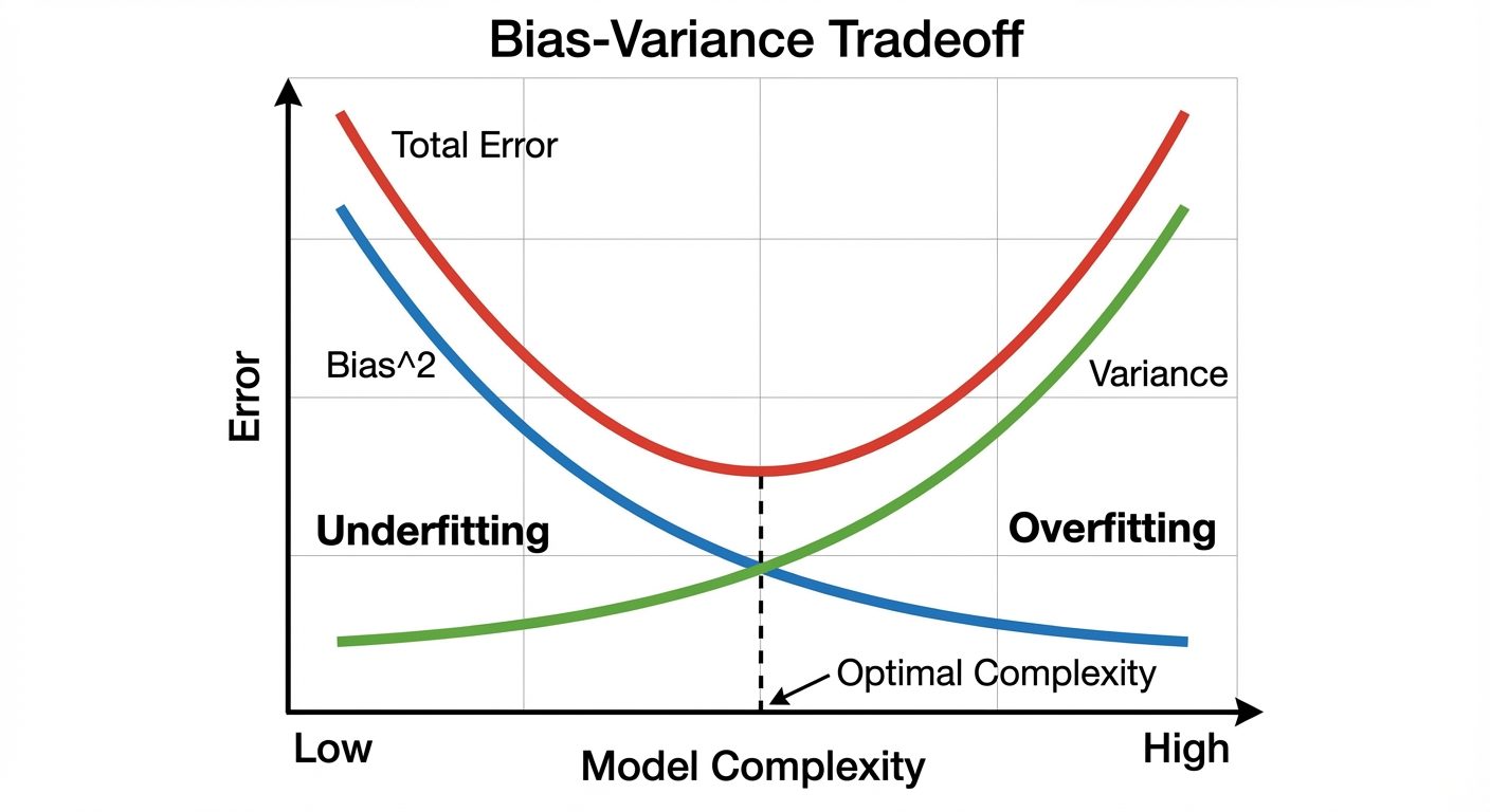 A 2D graph titled "Bias-Variance Tradeoff". The X-axis is labeled "Model Complexity" (Low to High). ...