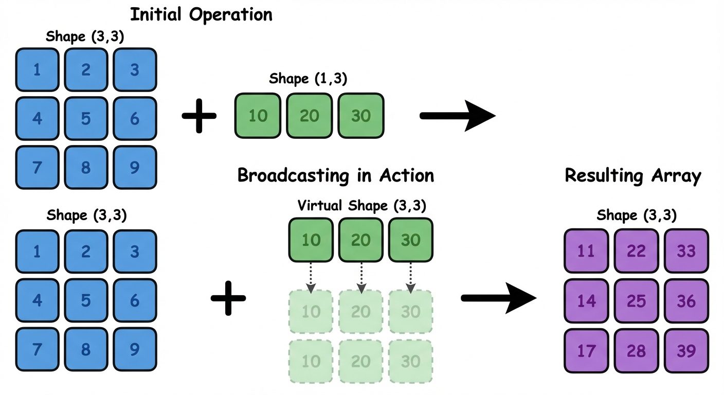 A visual diagram explaining NumPy Broadcasting. Top row shows a 3x3 matrix (grid of blue squares) la...
