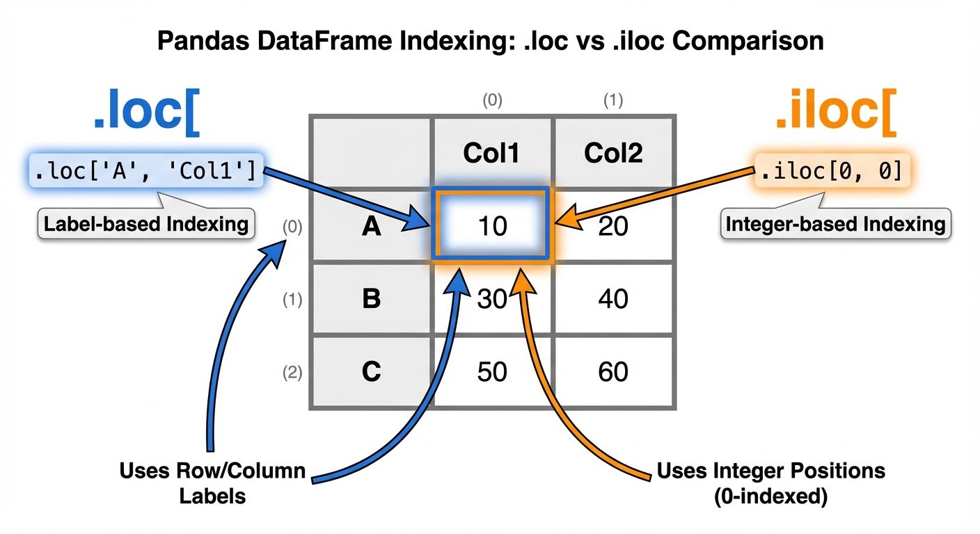 A visual comparison diagram illustrating the difference between Pandas .loc and .iloc selectors. The...